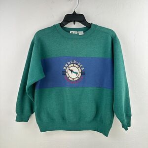 Vintage N Kids Sweatshirt L Green Under Sea Exploration Colorblock Long‎ Sleeve